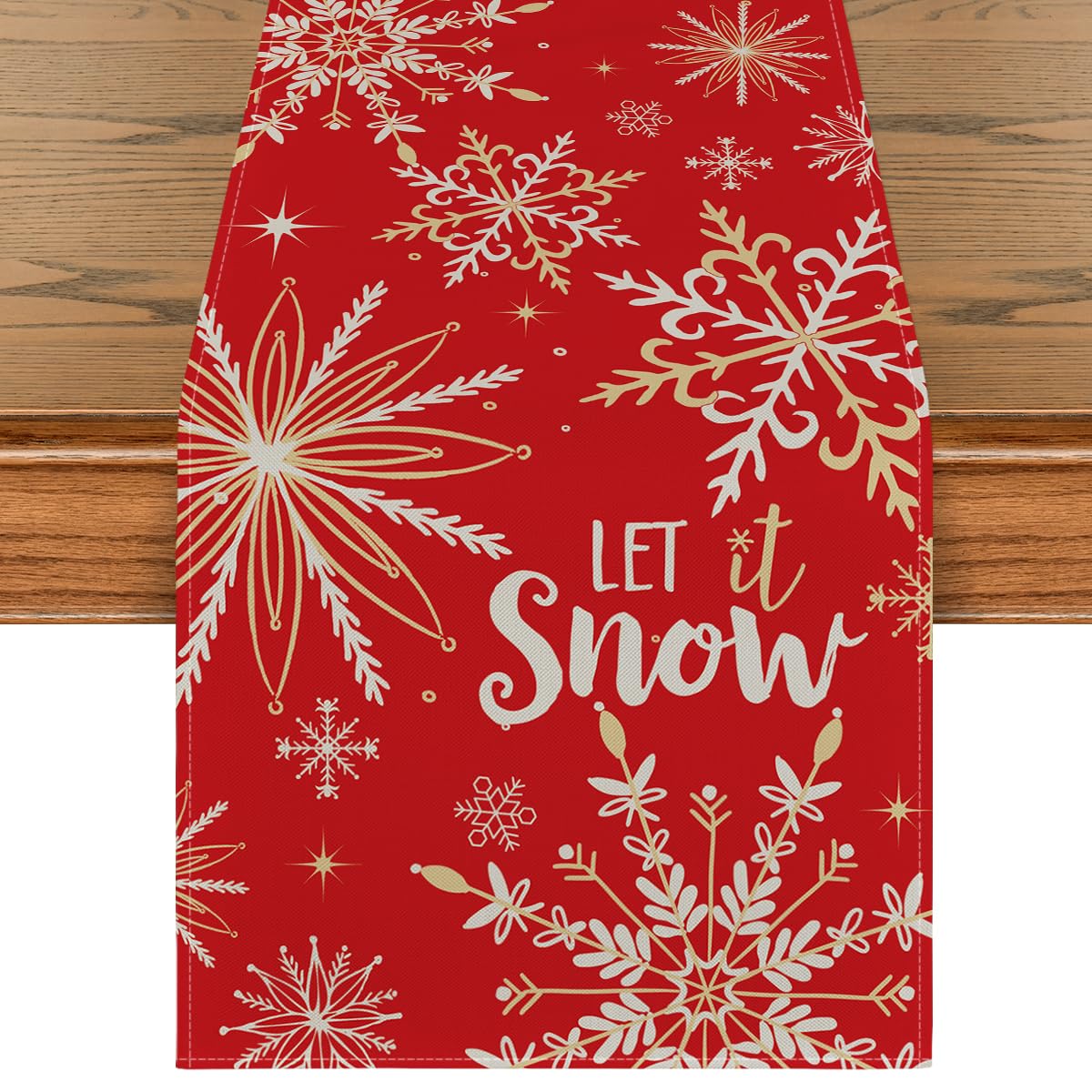 Artoid Mode red snowflake let it snow table runner enhances holiday tables and protects surfaces.