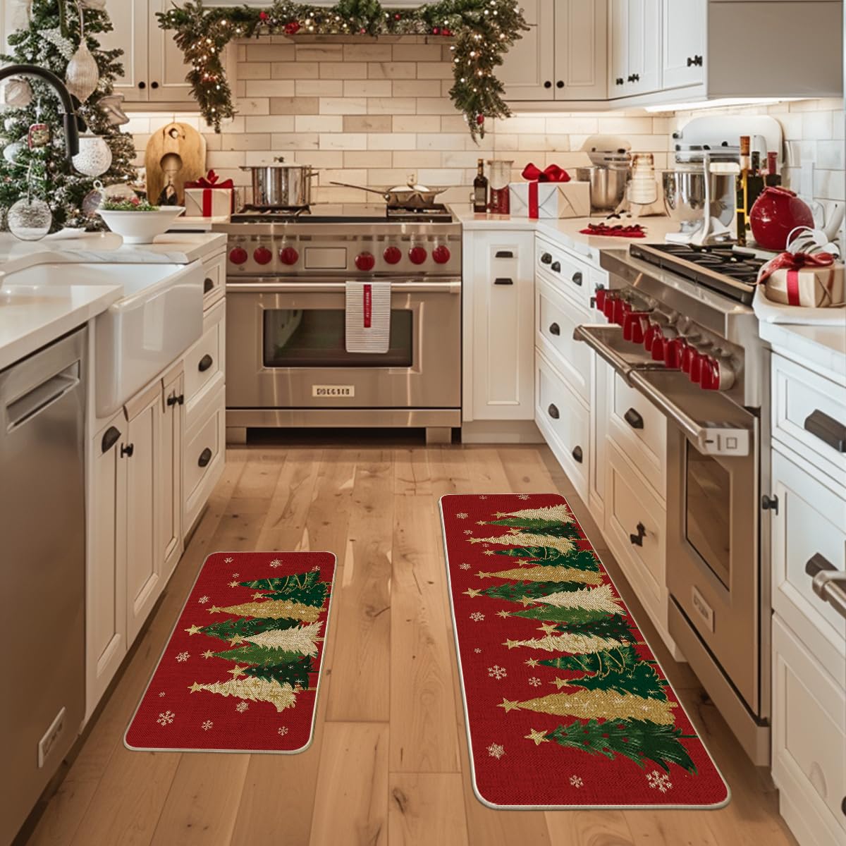 Artoid Mode red snowflakes kitchen mat 17x47 protects floors while festive décor