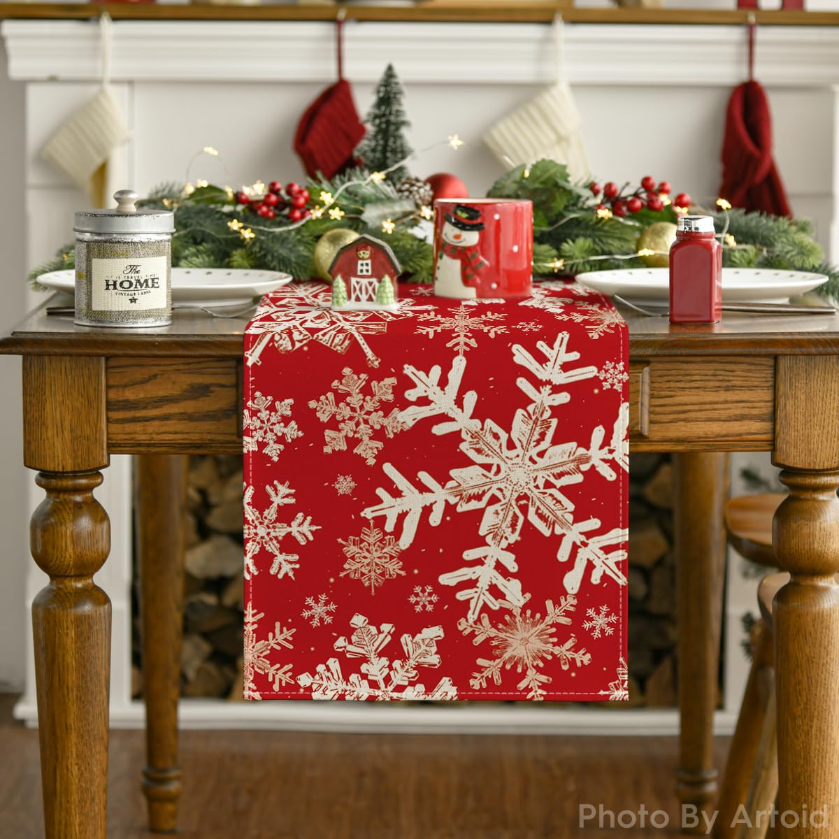 Artoid Mode red snowflakes table runner display highlighting durable material