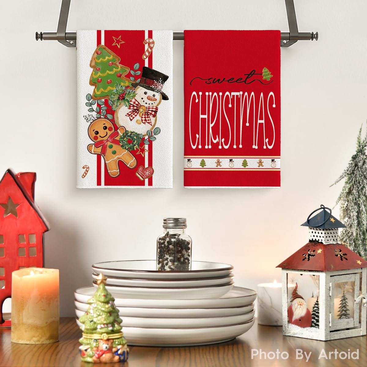 Artoid Mode red snowman gingerbread dish towel adds farmhouse holiday decor