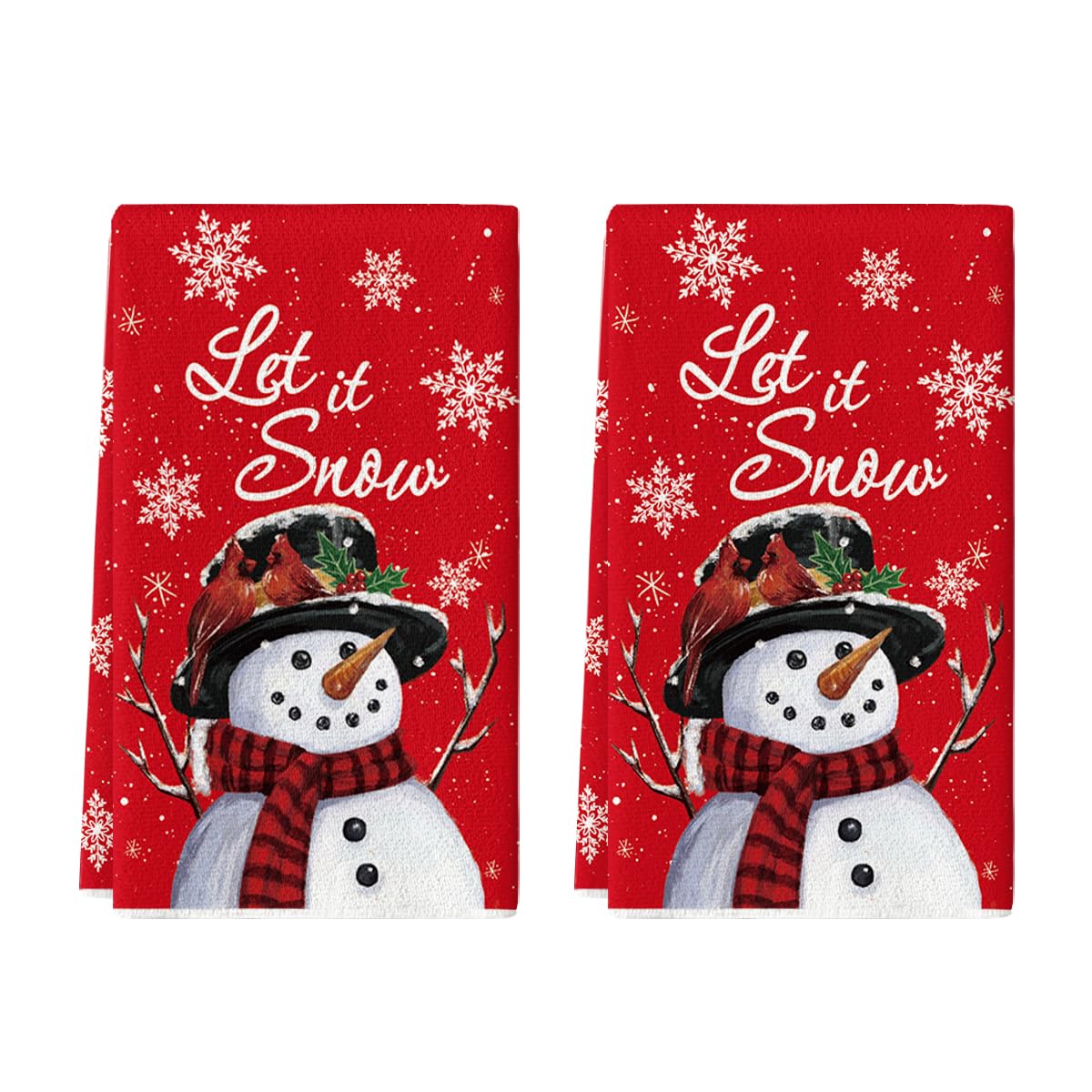 Artoid Mode red snowman Let It Snow towel with festive pattern for holiday drying tasks.