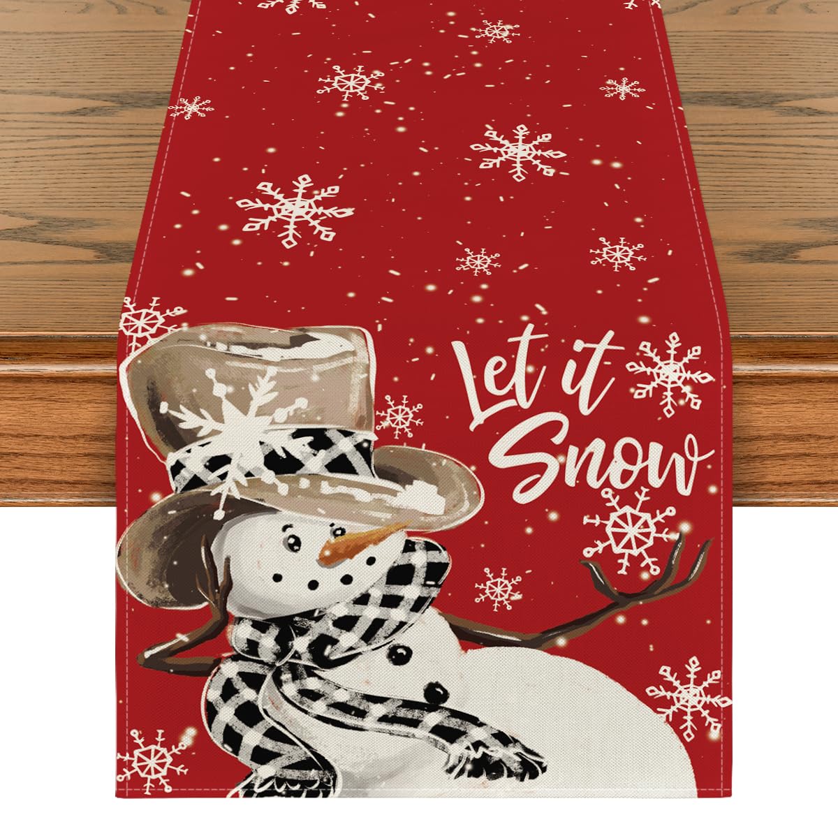 Artoid Mode red snowman snowflake table runner brightens holiday dining