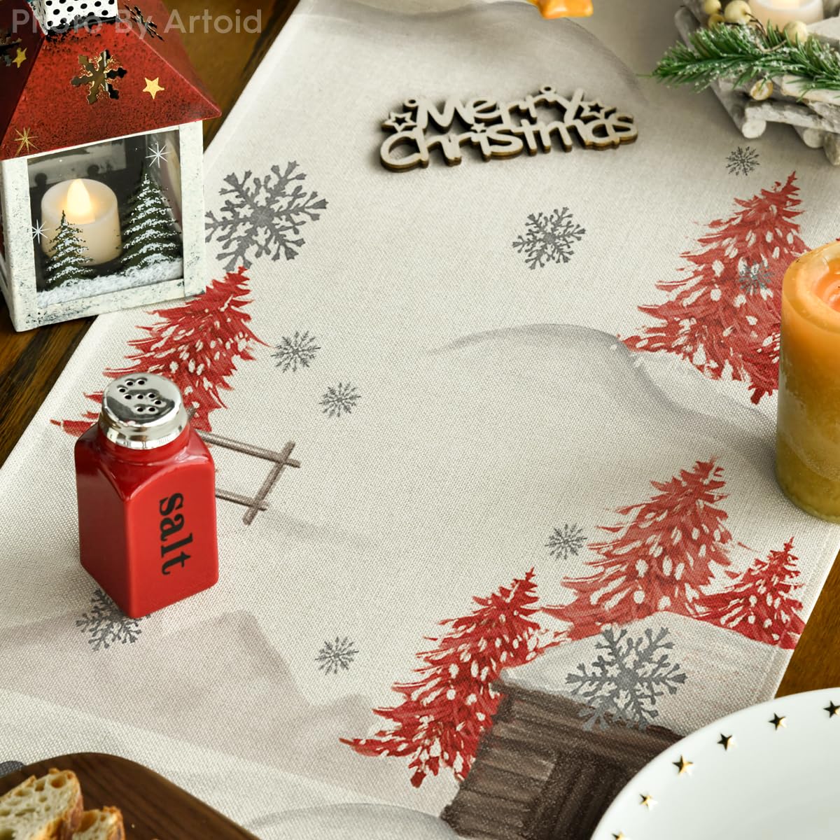Artoid Mode Red Snowman table runner on a dining table for gatherings