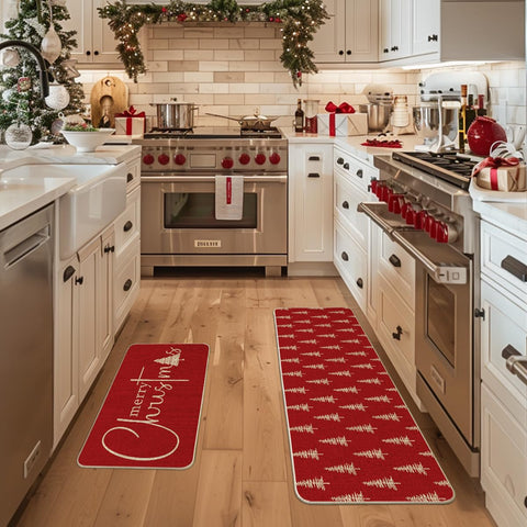 Artoid Mode red Xmas tree kitchen mat—back with non-slip rubber grip for safety.