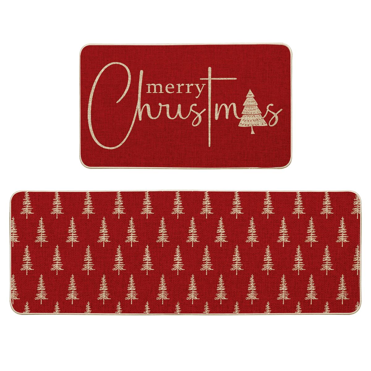 Artoid Mode red Xmas tree kitchen mat—front view, festive decor and floor protection.