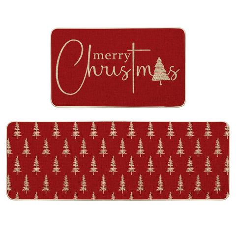 Artoid Mode red Xmas tree kitchen mat—front view, festive decor and floor protection.