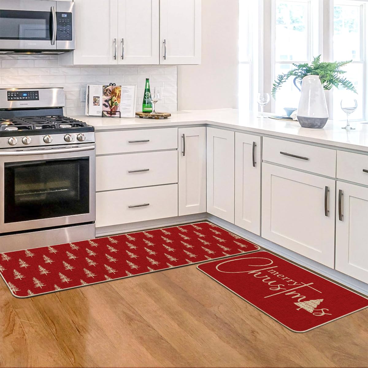 Artoid Mode red Xmas tree kitchen mat—non-slip surface and low-profile design.