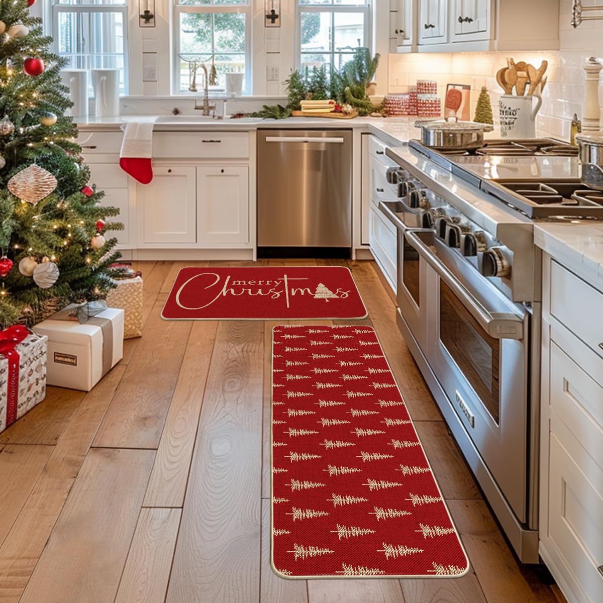 Artoid Mode red Xmas tree kitchen mat 17x47—longer rug for extended floor coverage.
