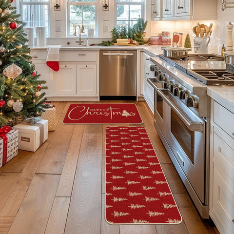 Artoid Mode red Xmas tree kitchen mat 17x47—longer rug for extended floor coverage.