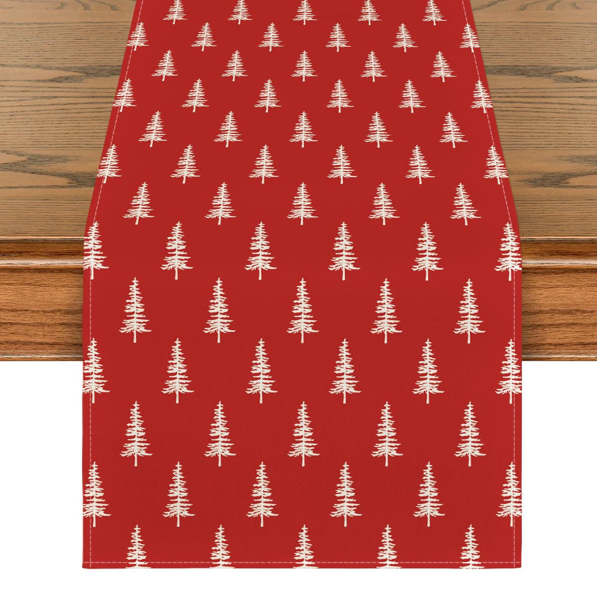Artoid Mode Red Xmas Tree runner closeup highlighting durable stitching and spill protection.