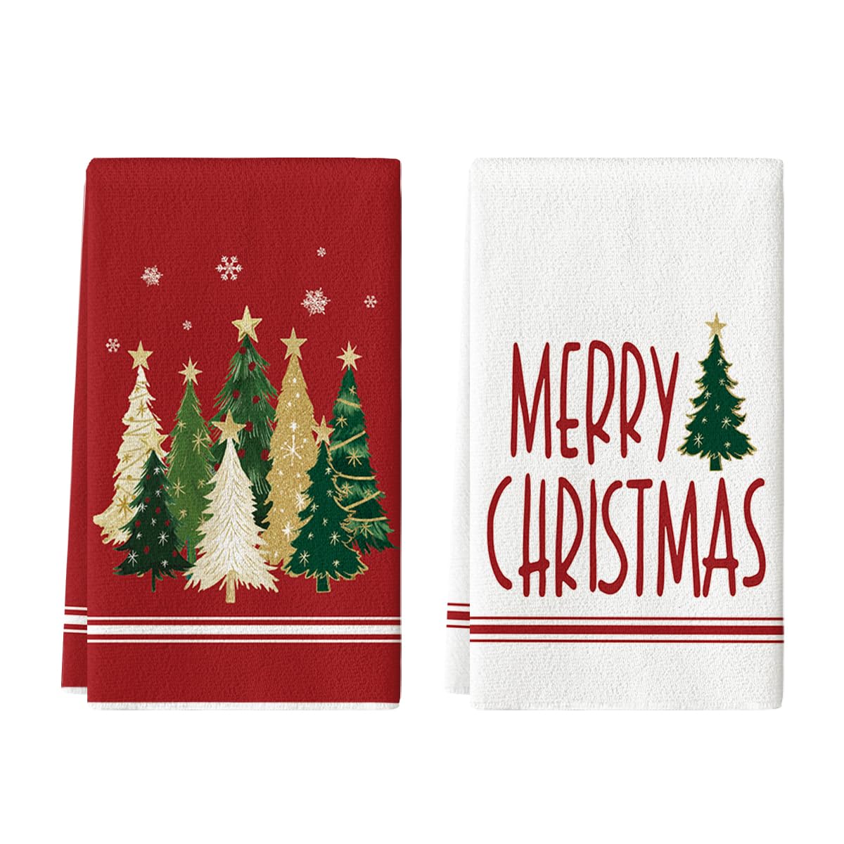 Artoid Mode Red Xmas Tree towels displayed on a rack for quick, gentle dish drying.