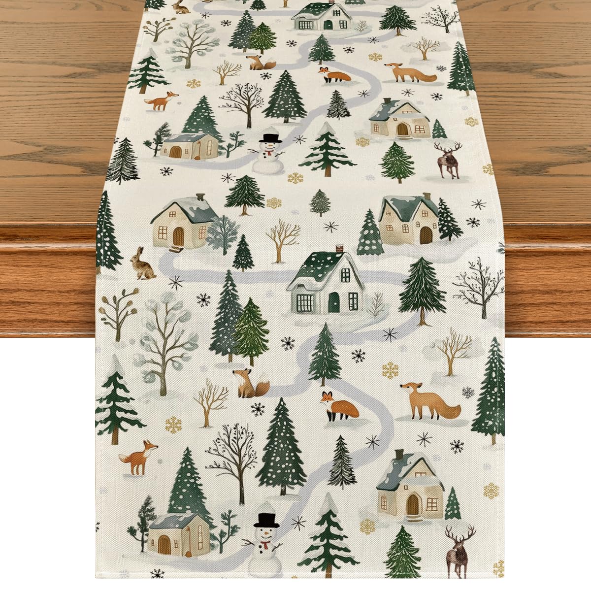 Artoid Mode Snowfield Trees Hut table runner brightens holiday tables and protects surfaces.