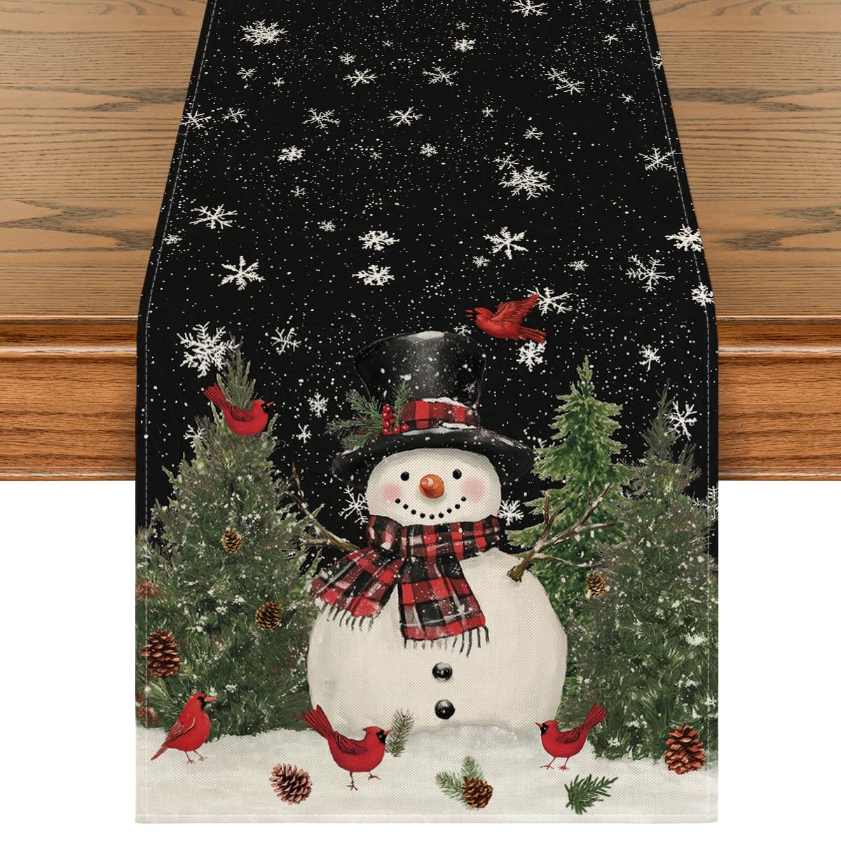 Artoid Mode snowman birds trees table runner for festive dining