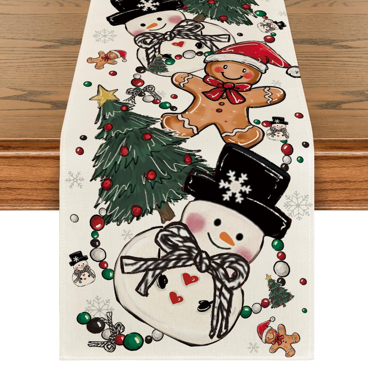 Artoid Mode snowman gingerbread table runner brightens festive dining.