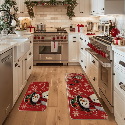 Artoid Mode snowman kitchen mat 17x47 showcases seasonal design and durable low-profile protection.