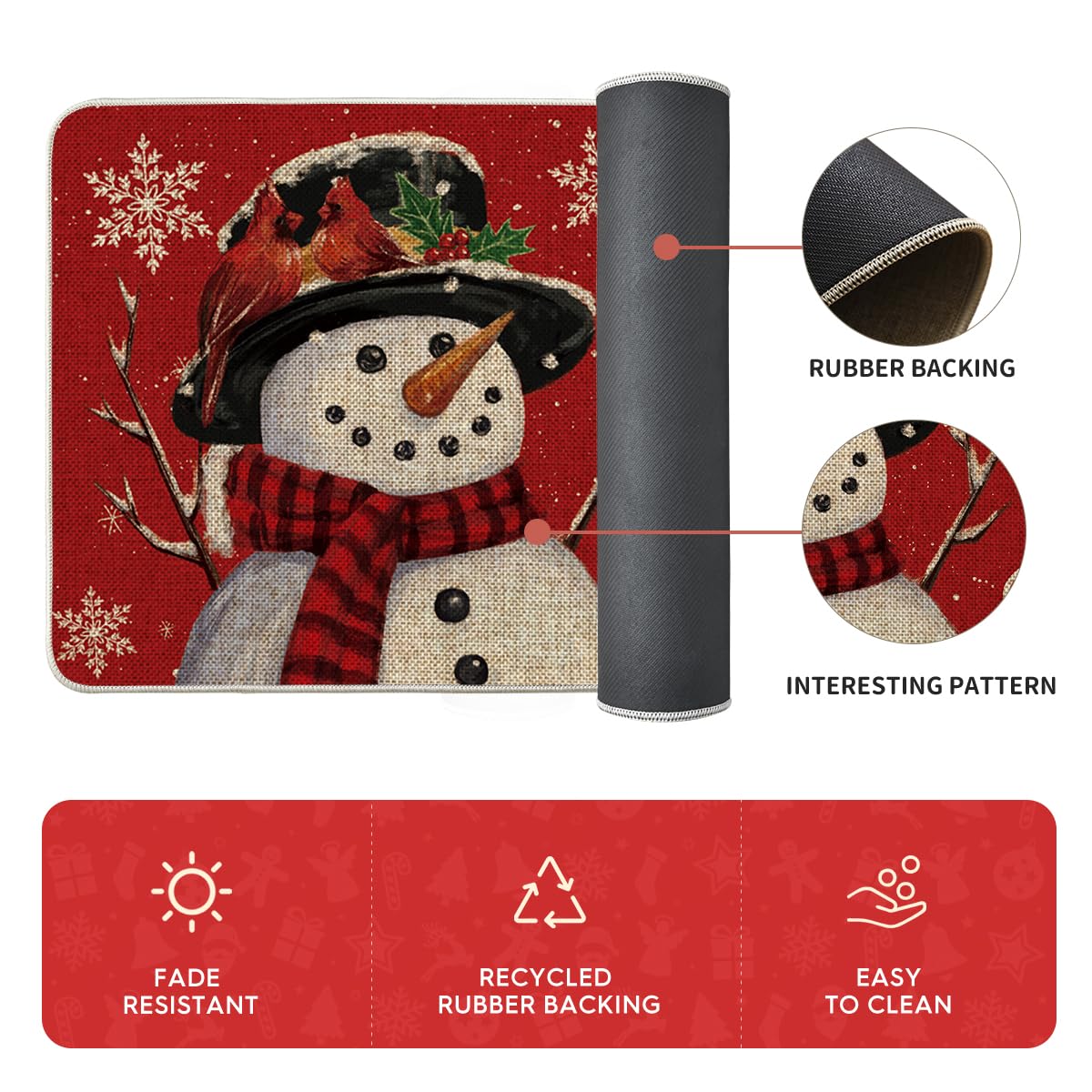 Artoid Mode Snowman Let It Snow durable rubber backing resists staining and wear.
