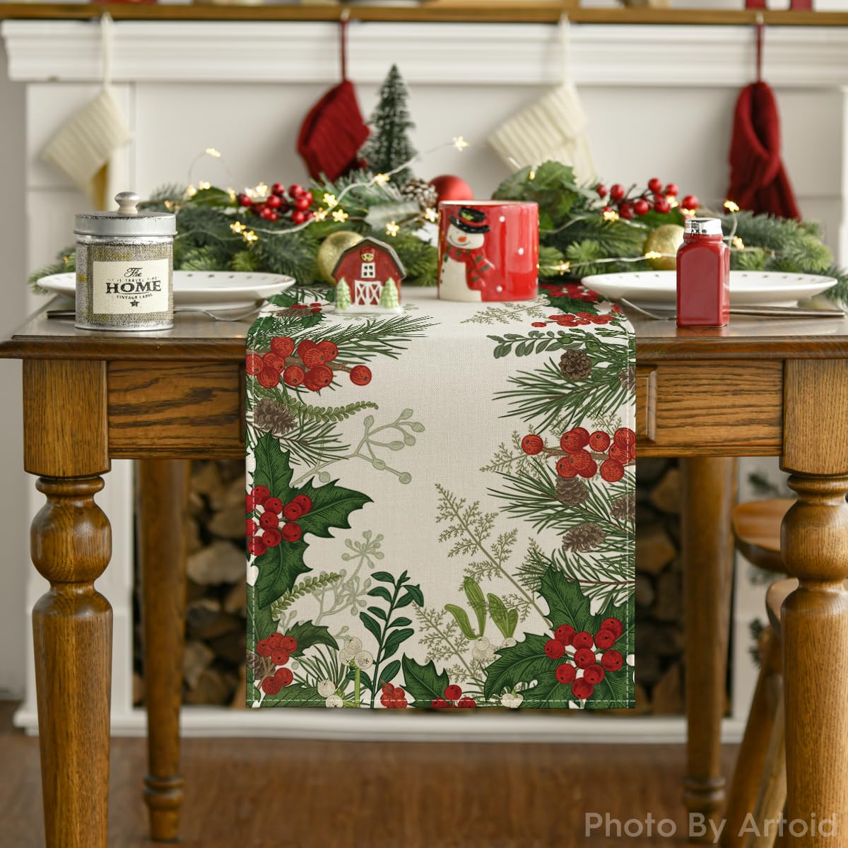 Stitching detail on Artoid Mode Holly Pine Cone table runner emphasizes durability.