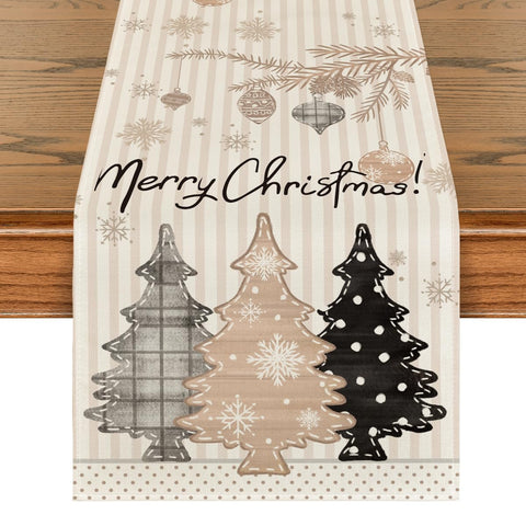 Artoid Mode Stripes Pine Trees table runner on a 13x120 dining table, suitable for festive gatherings.