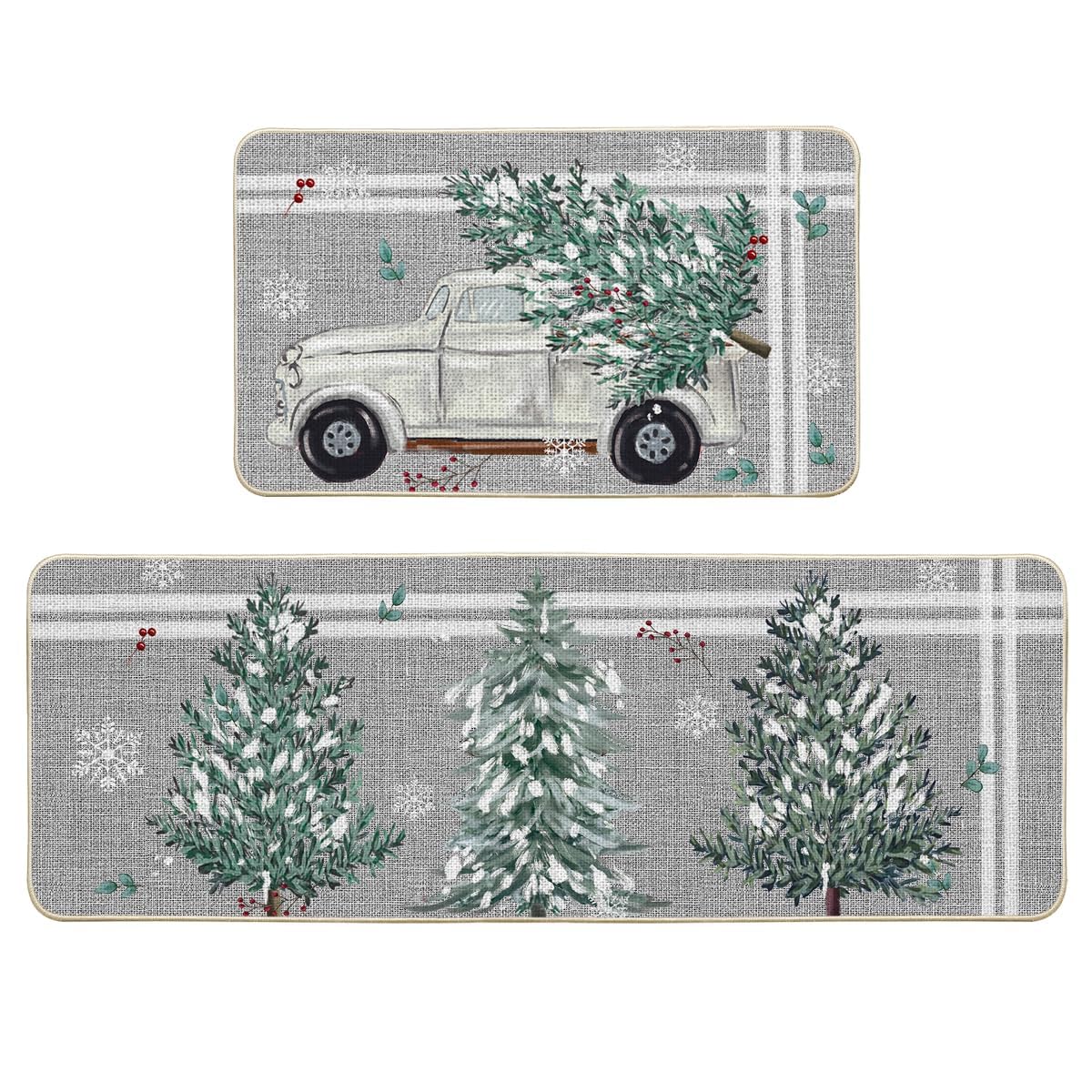 Artoid Mode truck pine holly stripes mat front view showing festive kitchen decor with slip-resistant backing