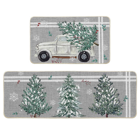 Artoid Mode truck pine holly stripes mat front view showing festive kitchen decor with slip-resistant backing