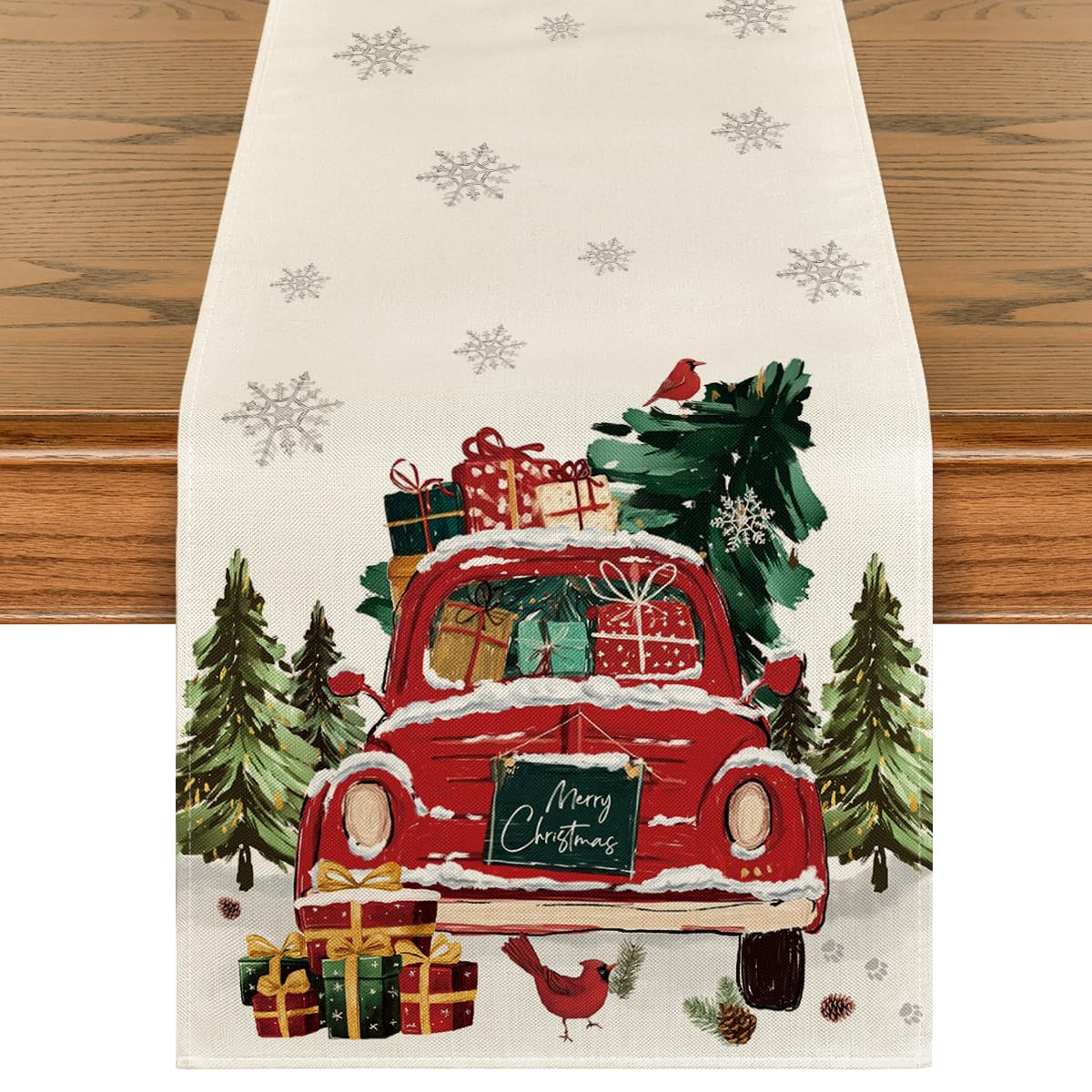 Artoid Mode truck tree gifts table runner on a festive dining table.