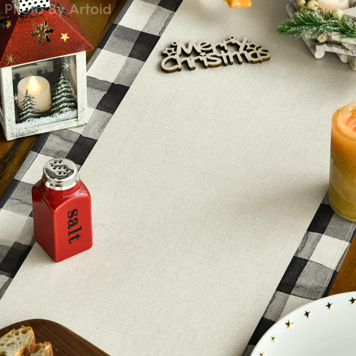 Artoid Mode Waterclor buffalo plaid runner on dining setup, enhancing holiday ambiance.