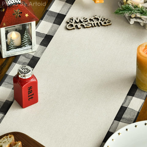 Artoid Mode Waterclor buffalo plaid runner on dining setup, enhancing holiday ambiance.