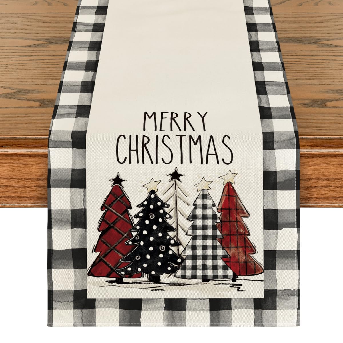 Artoid Mode Waterclor buffalo plaid table runner full view for festive holiday tables.
