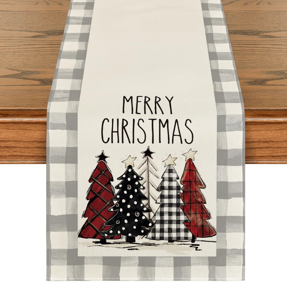 Artoid Mode Waterclor Grey Buffalo Plaid table runner front view enhances festive dining ambiance