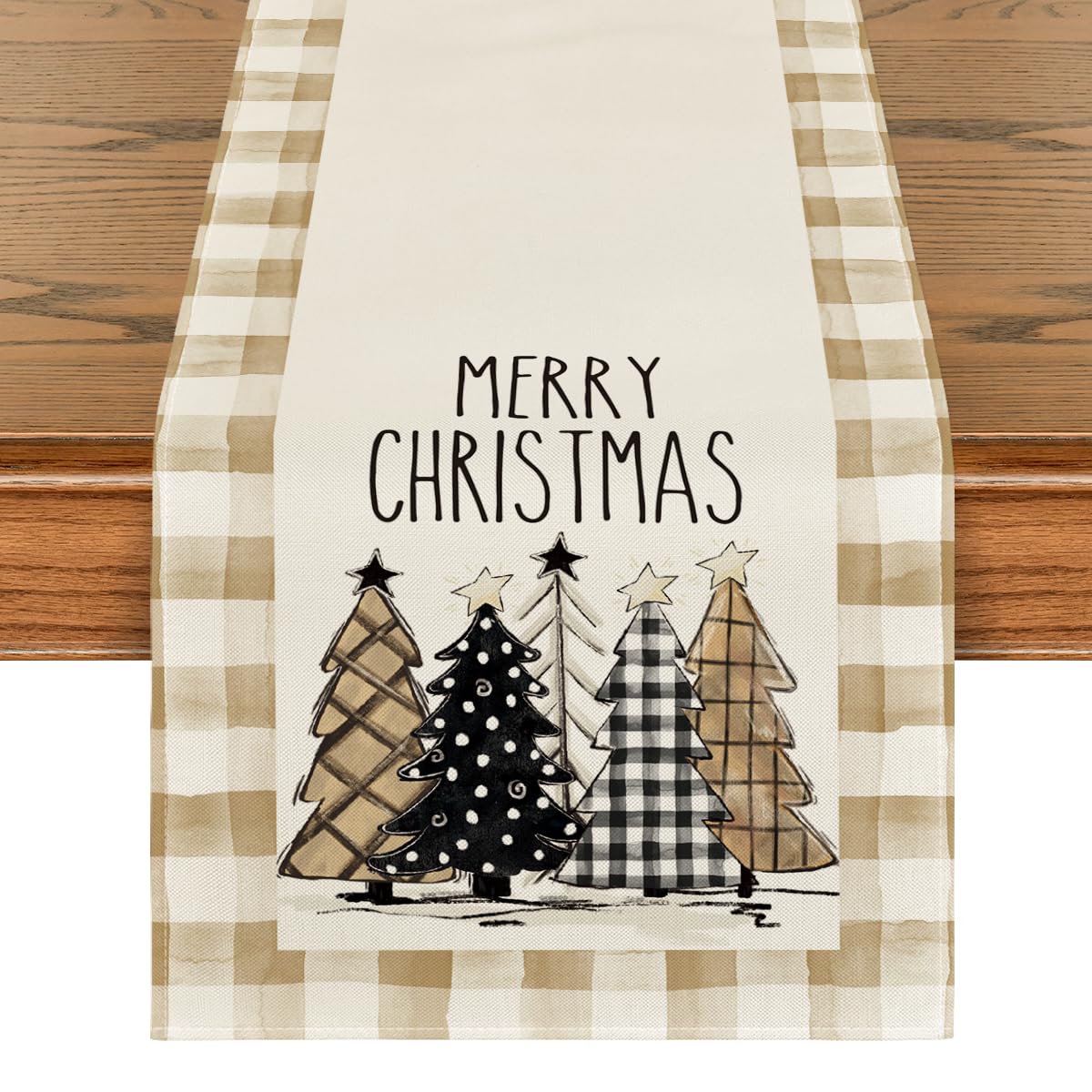 Artoid Mode watercolor brown buffalo plaid Christmas trees table runner for festive dining