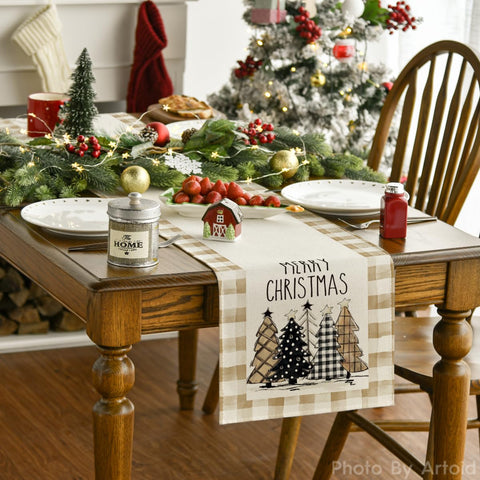 Artoid Mode watercolor brown buffalo plaid trees table runner brightening festive meals