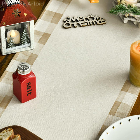Artoid Mode table runner with watercolor trees and plaid design on dining table