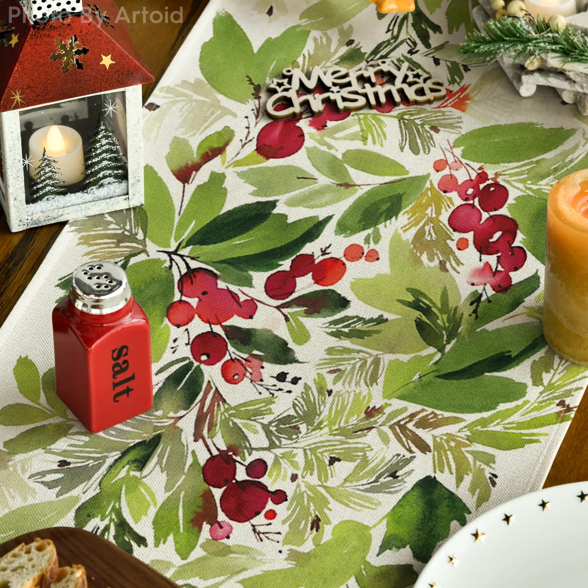 Artoid Mode Watercolor Holly Table Runner closeup fabric detail shows soft texture