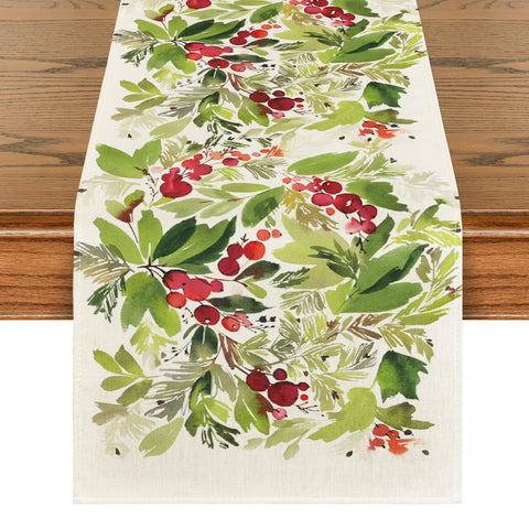 Artoid Mode Watercolor Holly Table Runner front view protects surfaces with festive colors