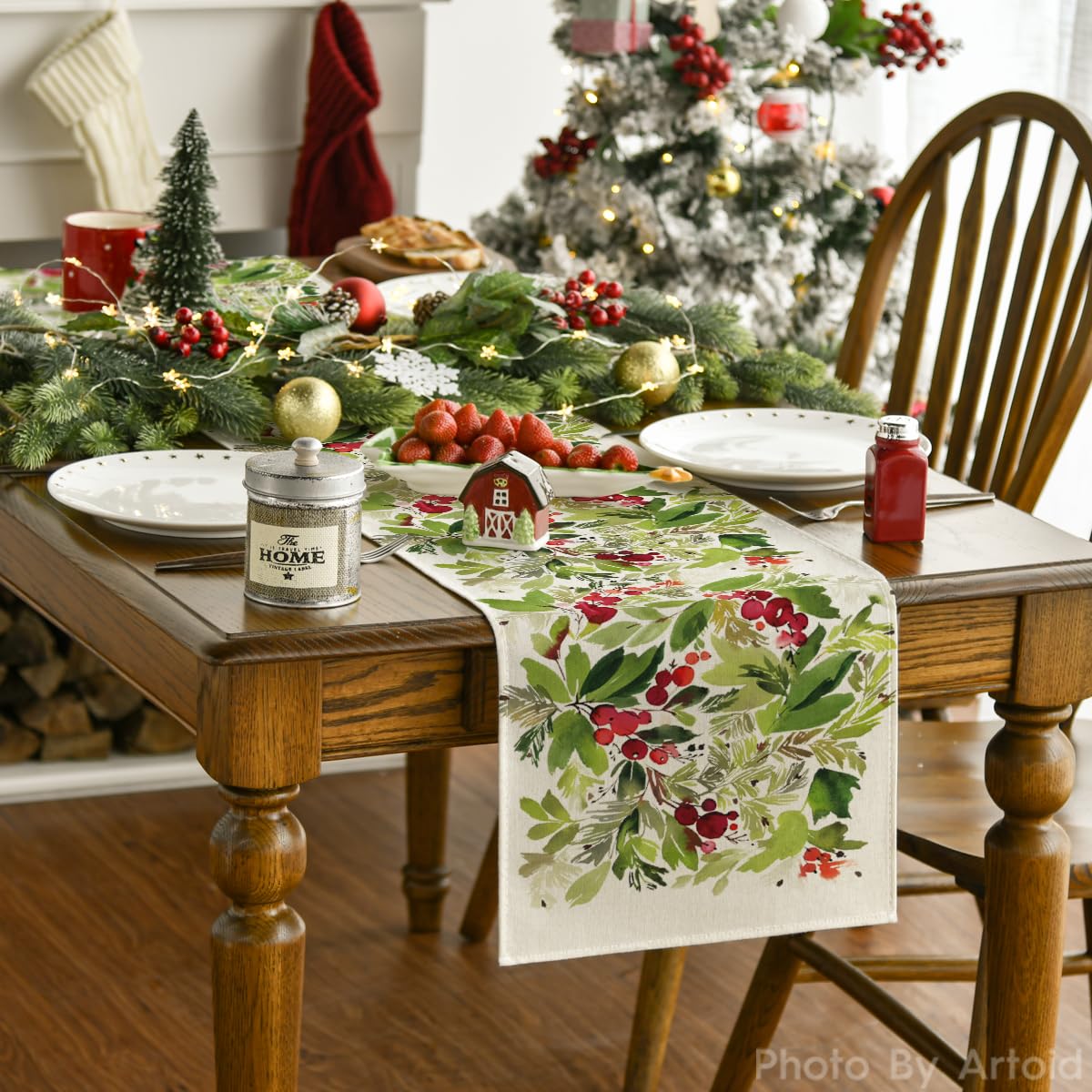 Artoid Mode Watercolor Holly Table Runner on dining table creates holiday ambiance