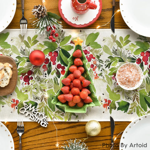Artoid Mode Watercolor Holly Table Runner pattern detail adds festive charm