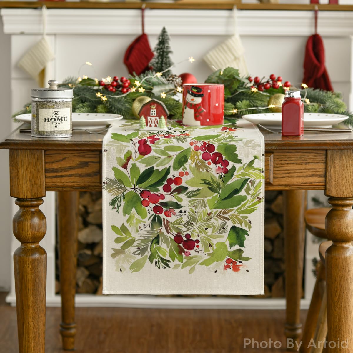 Artoid Mode Watercolor Holly Table Runner machine washable for easy care