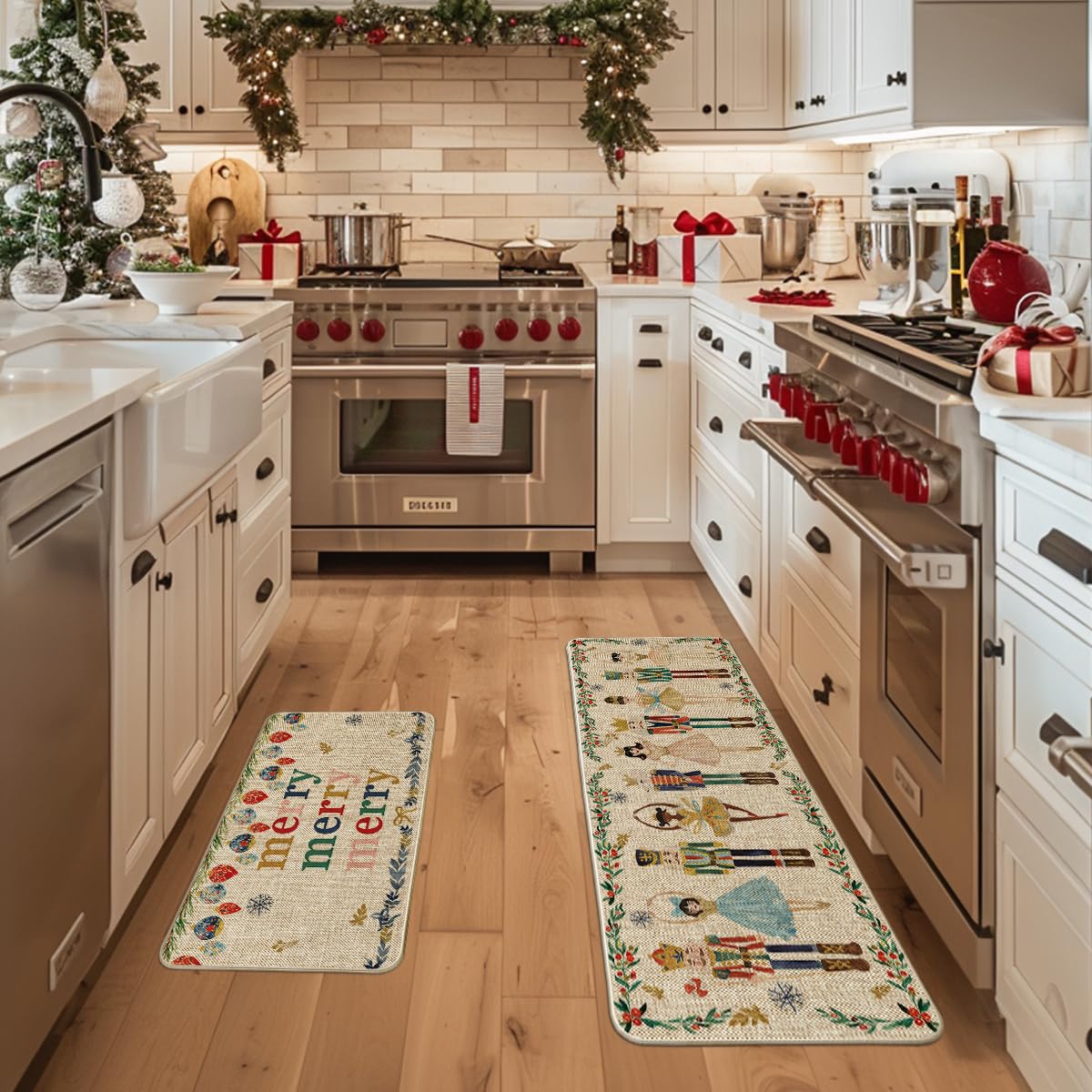 Artoid Mode watercolor nutcrackers 17x47 rug adds festive warmth to kitchens while protecting floors.