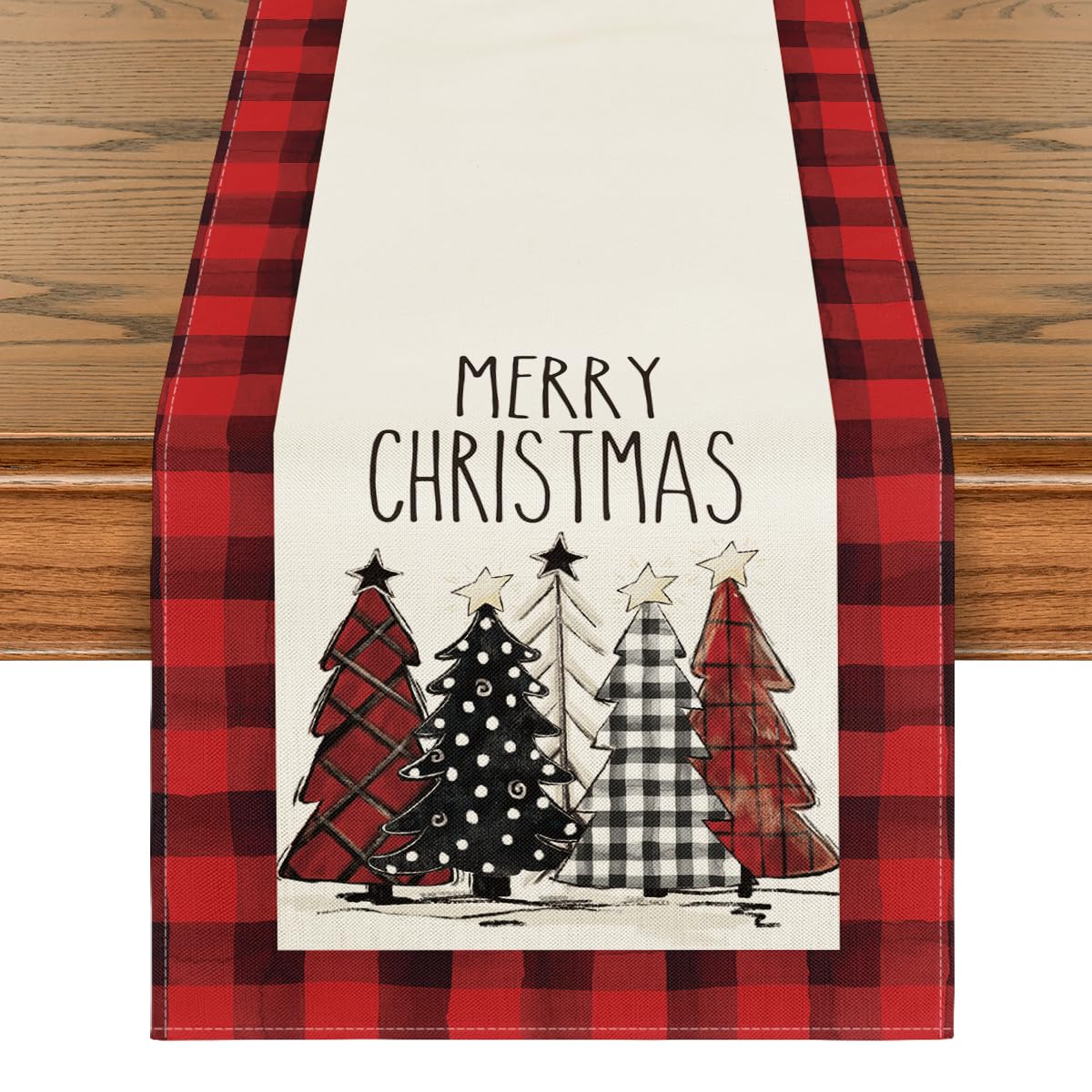 Artoid Mode watercolor red and black buffalo plaid Christmas trees table runner on festive table