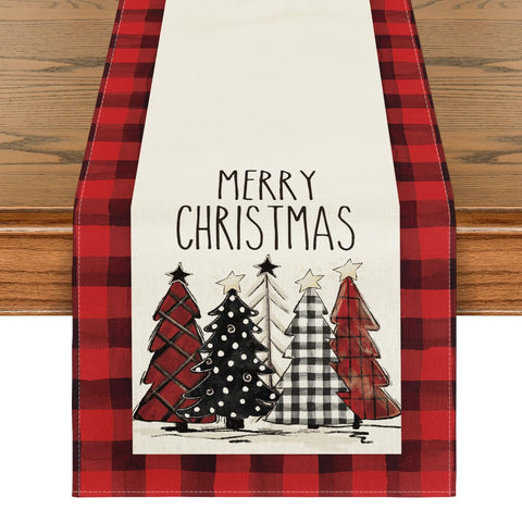 Artoid Mode watercolor red and black buffalo plaid Christmas trees table runner on festive table