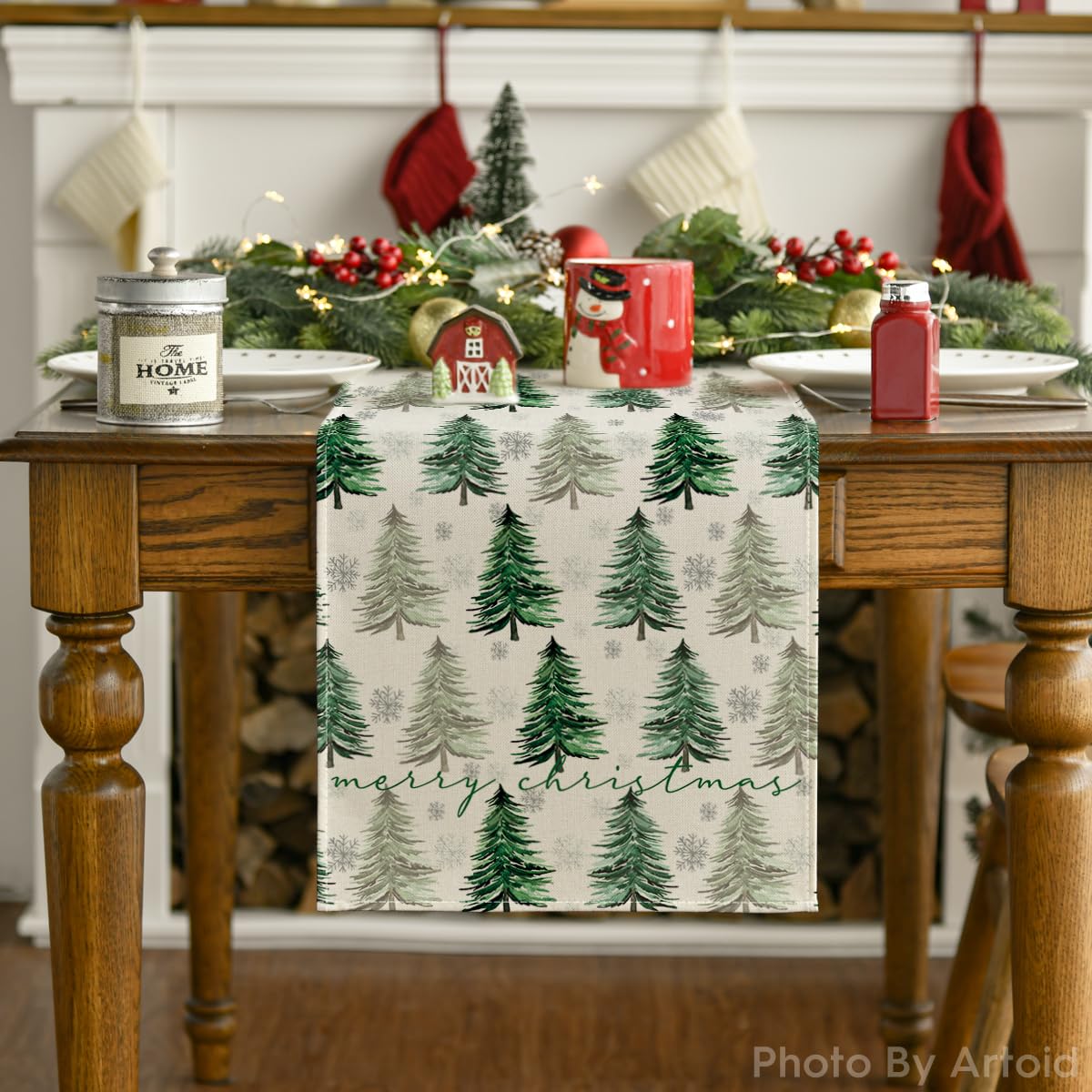 Artoid Mode winter green table runner brightening a cozy dinner table