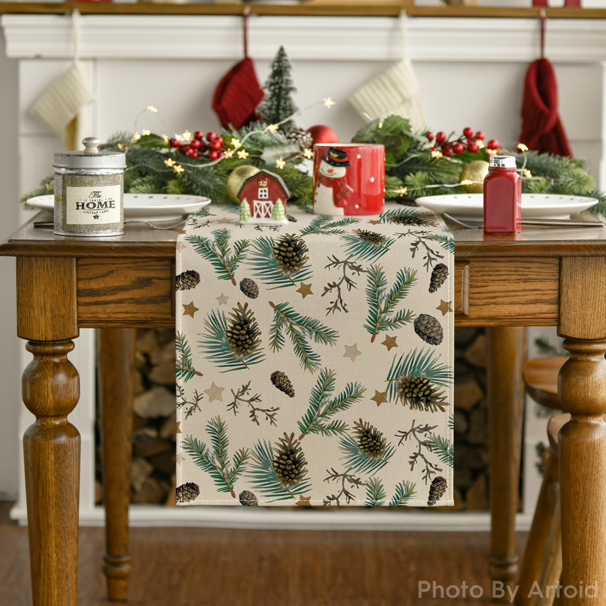 Artoid Mode winter green table runner on dining table, perfect for seasonal gatherings.