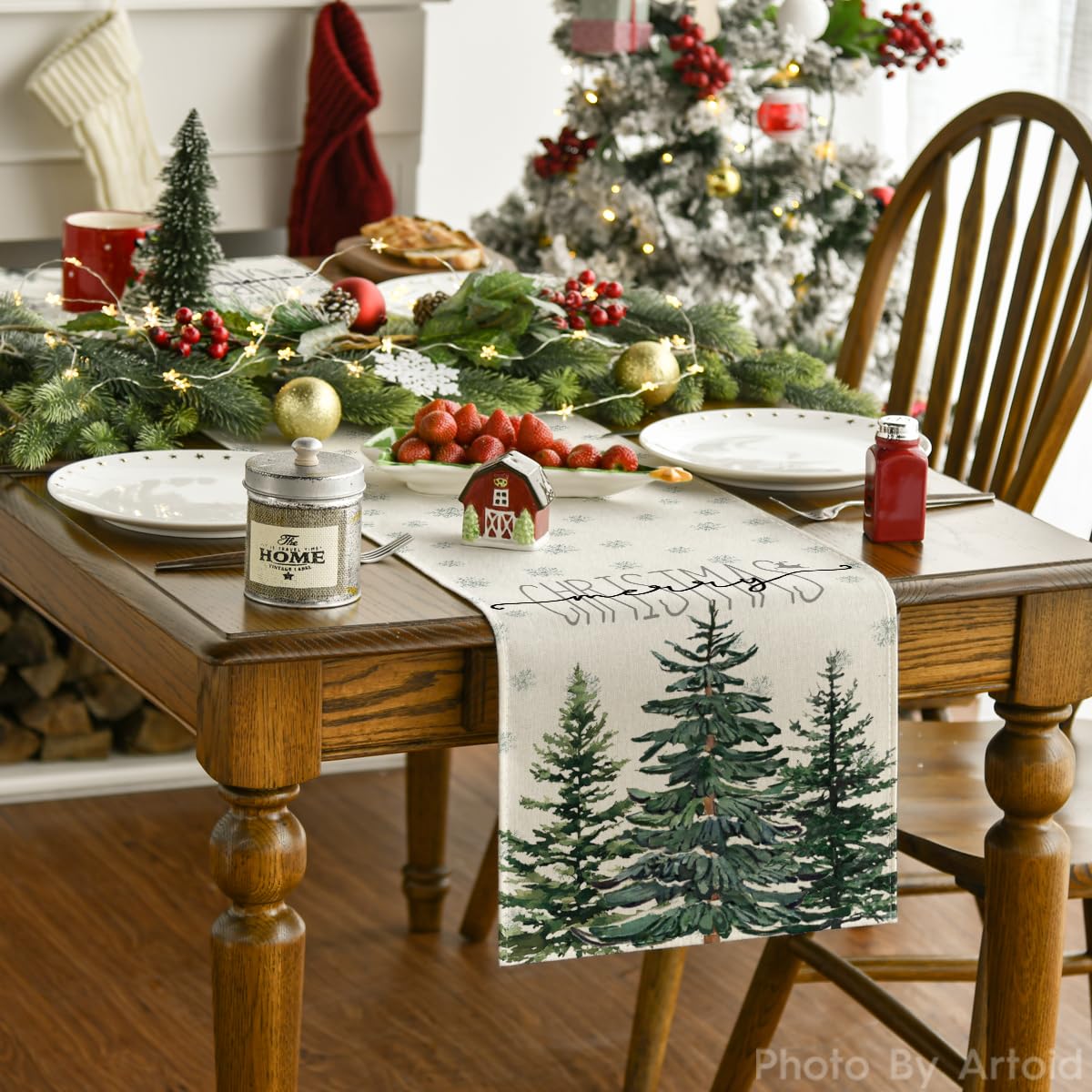 Artoid Mode winter holiday table runner adds color for holiday dinners.