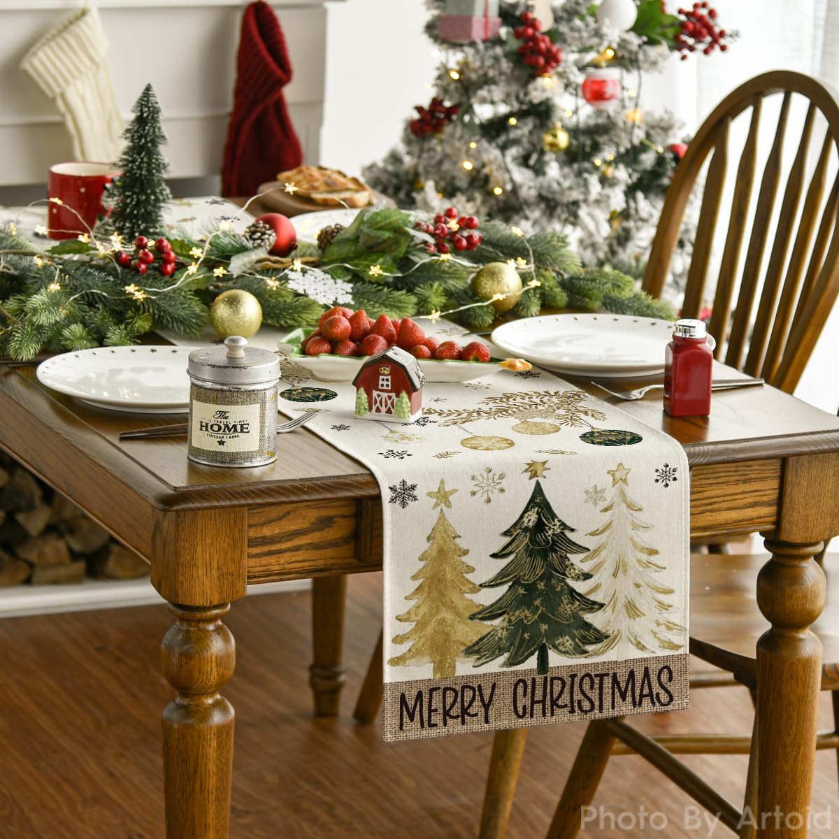 Artoid Mode winter holiday table decor with pine trees and snowflake motif elevates dining setup.