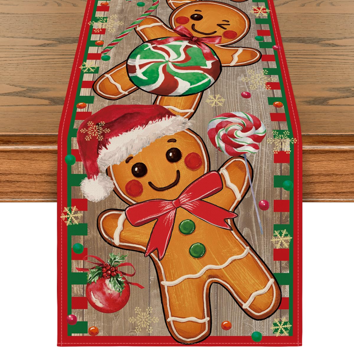 Artoid Mode wood gingerbread table runner closeup showing festive texture for holiday dining.