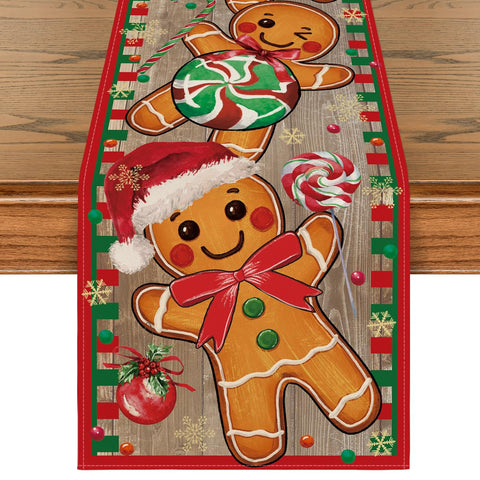 Artoid Mode wood gingerbread candy cane table runner adds festive warmth.