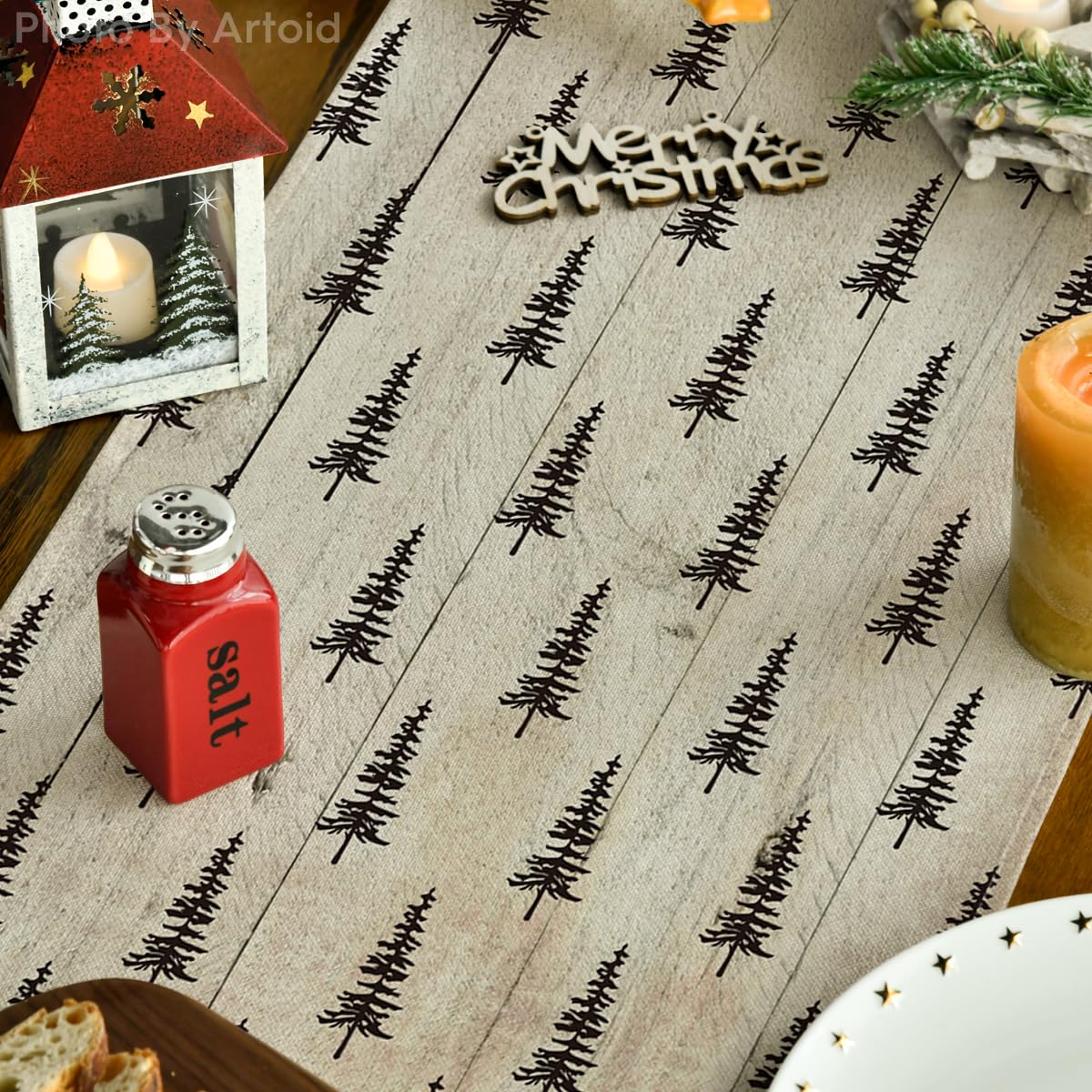 Artoid Mode wood holiday dining runner brightens a winter meal setup