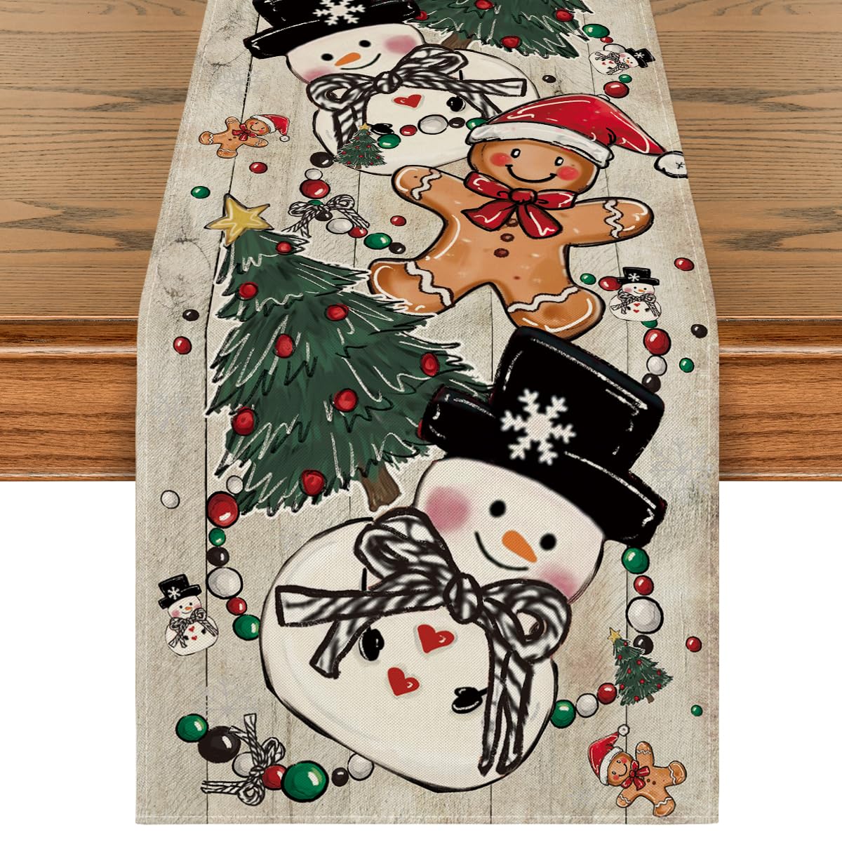 Artoid Mode wood snowman gingerbread pine table runner enhances winter dining ambiance.