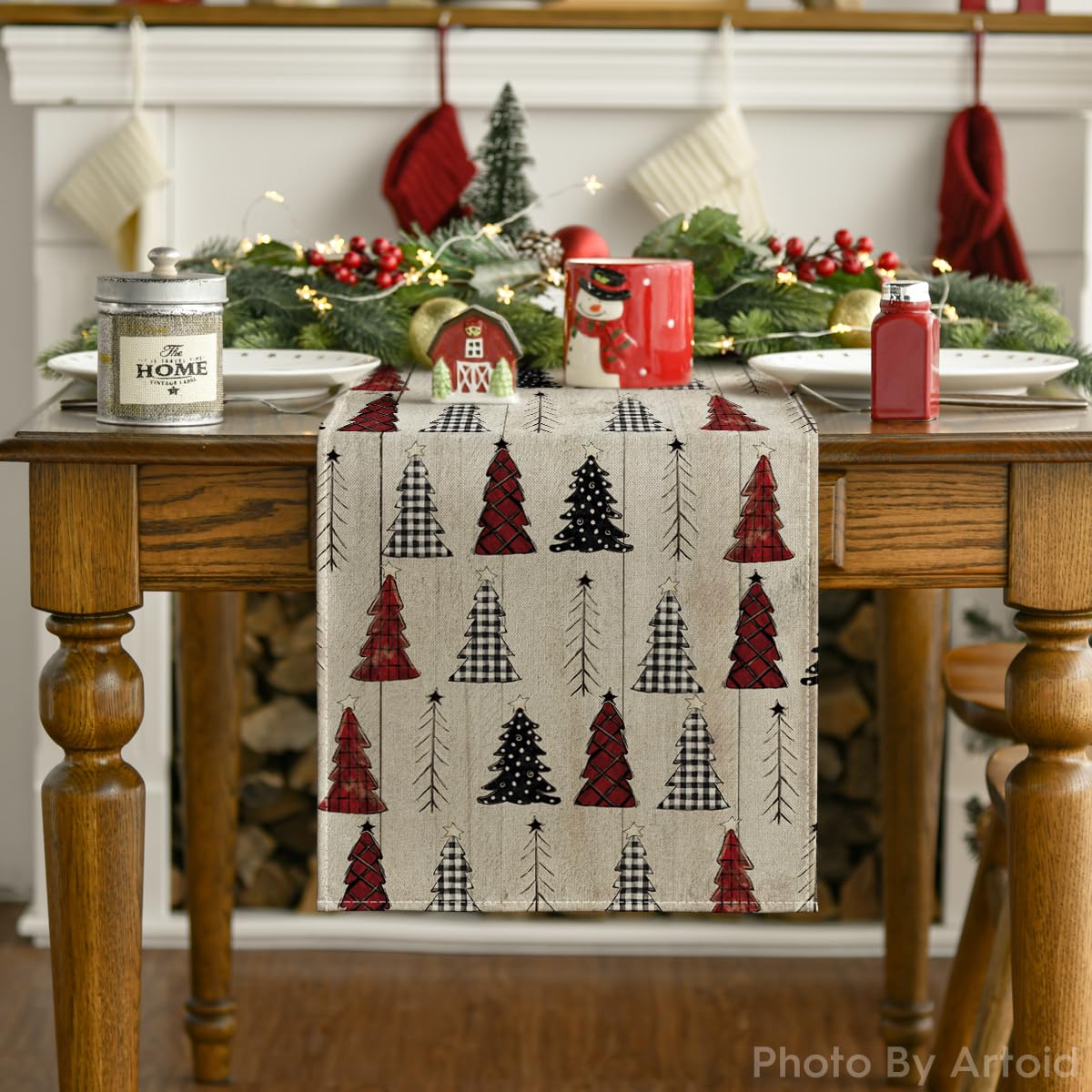 Artoid Mode table setup with wood Xmas tree runner for festive dining.
