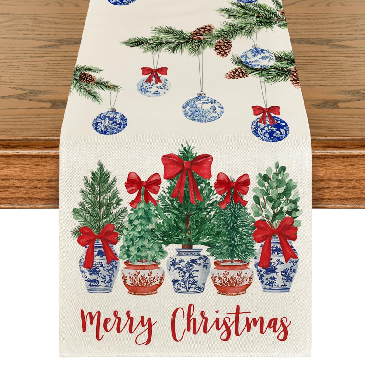 Artoid Mode Xmas balls blue and white table runner close-up pattern adds festive flair